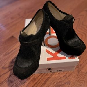 KORS Michael Kors  Black Suede Ankle Platform Booties With Hair Calf Trim Size 8